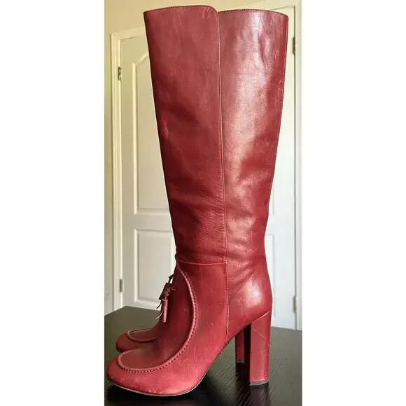 J. Crew Unique Retro Vintage Grandmacore Brick Red Leather Heeled Tassel Boots - Picture 2 of 8